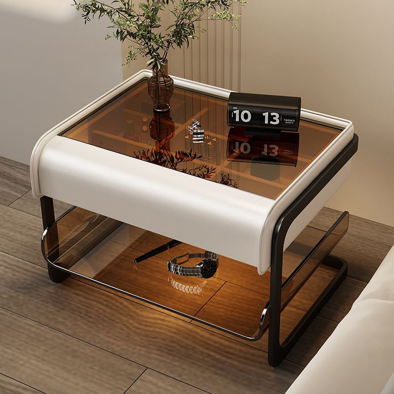 Contemporary Simplicity Smart Sensing Glass Top Wood Side Table 2-Tier Drawer For Living Room