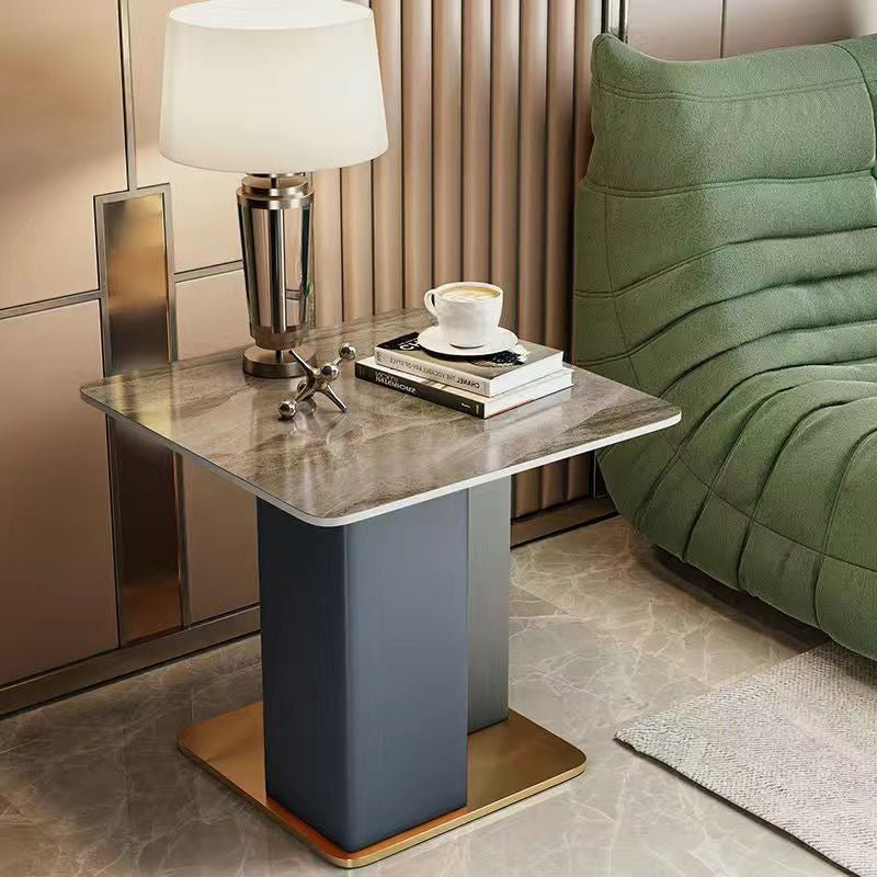 Contemporary Scandinavian Square Column Slate Leather Wood Carbon Steel End Table For Living Room