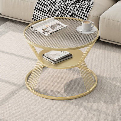 Modern Minimalist Round Hourglass Shape Glass Iron Coffee Table 2-Tier For Living Room