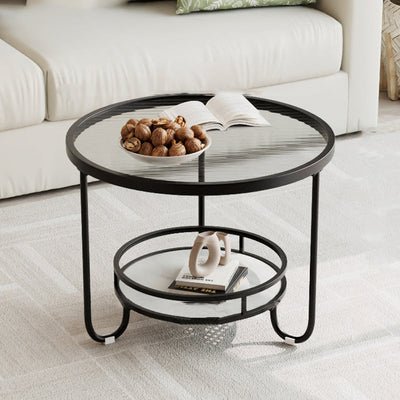 Modern Simplicity Round Striped Glass Slab Metal Coffee Table 2-Tier For Living Room