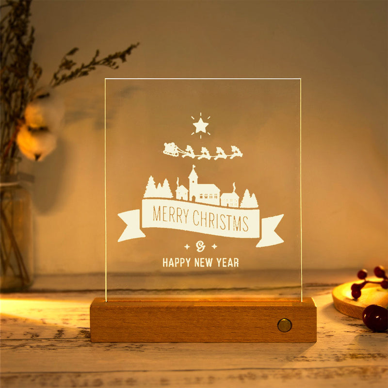 Lampe de table LED USB en bois massif, plaque acrylique rectangulaire de noël moderne 