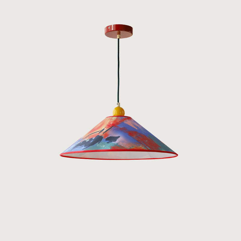 Modern Creative Cone Oil Painting Iron Fabric 1-Light Pendant Light For Living Room