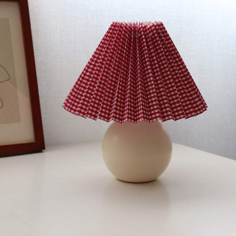 Contemporary Retro Pleated Fabric Round Ceramic Base 1-Light Table Lamp For Bedroom