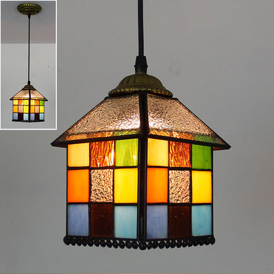 Traditional Tiffany Half Round House Pyramid Iron Glass 1-Light Pendant Light For Bedroom