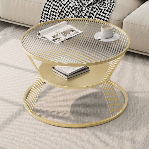 Modern Minimalist Round Hourglass Shape Glass Iron Coffee Table 2-Tier For Living Room