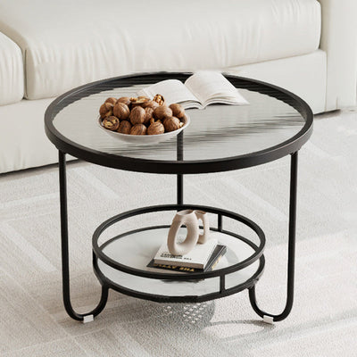 Modern Simplicity Round Striped Glass Slab Metal Coffee Table 2-Tier For Living Room