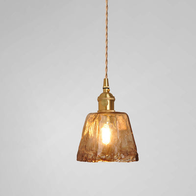 Contemporary Retro Brass Geometric Square Amber Glass Shade 1-Light Pendant Light For Living Room