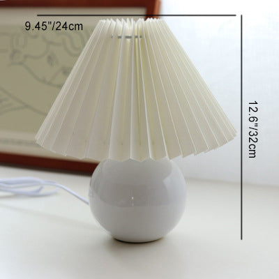 Contemporary Retro Pleated Fabric Round Ceramic Base 1-Light Table Lamp For Bedroom