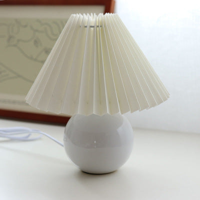 Contemporary Retro Pleated Fabric Round Ceramic Base 1-Light Table Lamp For Bedroom