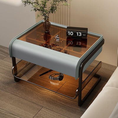 Contemporary Simplicity Smart Sensing Glass Top Wood Side Table 2-Tier Drawer For Living Room