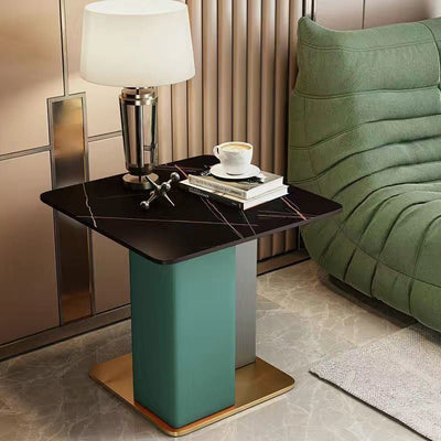 Contemporary Scandinavian Square Column Slate Leather Wood Carbon Steel End Table For Living Room