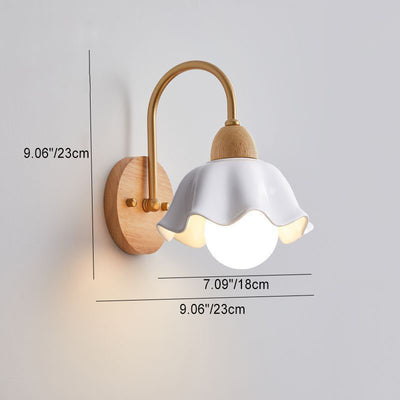 Traditional Japanese Wood Glass Paper Dome Hemispheric Flower Pleated 1-Light Wall Sconce Lamp For Bedside