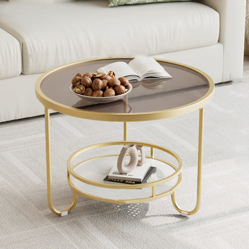 Modern Simplicity Round Striped Glass Slab Metal Coffee Table 2-Tier For Living Room