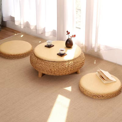 Traditional Japanese Oval Rattan Woven Wooden Coffee Table Storage For Living Room