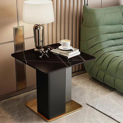 Contemporary Scandinavian Square Column Slate Leather Wood Carbon Steel End Table For Living Room