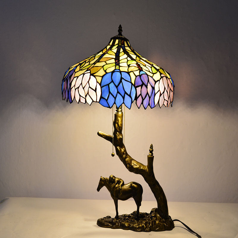 Traditional Tiffany Resin Glass Dome Conic Hemispheric Branch Horse Base 2-Light Table Lamp For Study