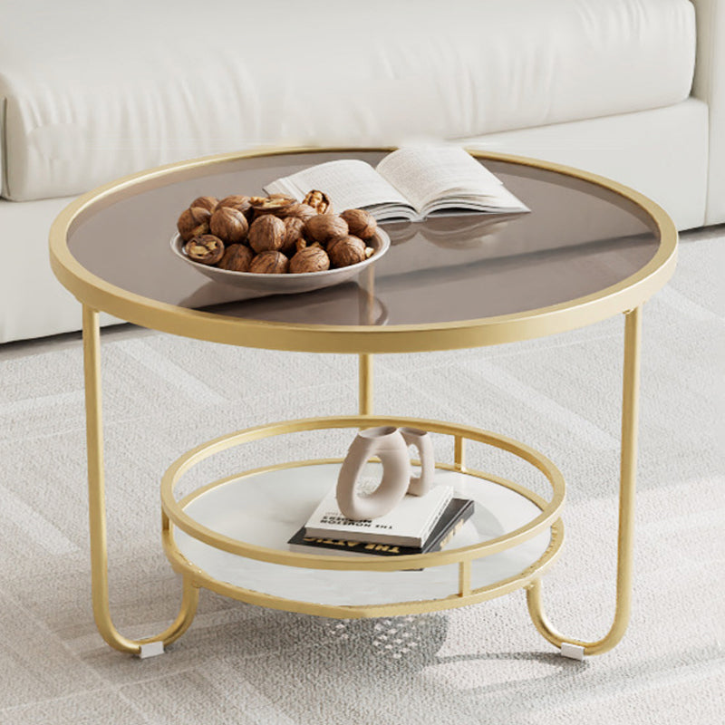 Modern Simplicity Round Striped Glass Slab Metal Coffee Table 2-Tier For Living Room