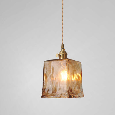 Contemporary Retro Brass Geometric Square Amber Glass Shade 1-Light Pendant Light For Living Room