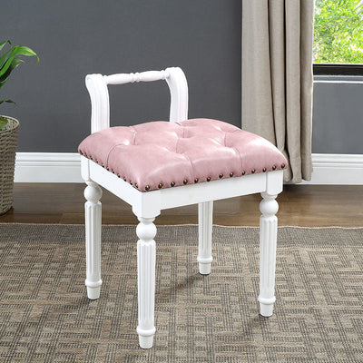 Traditional European Square Tufted Leather Upholstered Vanity Stool Low Back For Bedroom