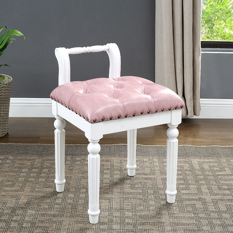 Traditional European Square Tufted Leather Upholstered Vanity Stool Low Back For Bedroom