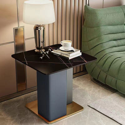 Contemporary Scandinavian Square Column Slate Leather Wood Carbon Steel End Table For Living Room