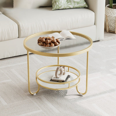 Modern Simplicity Round Striped Glass Slab Metal Coffee Table 2-Tier For Living Room