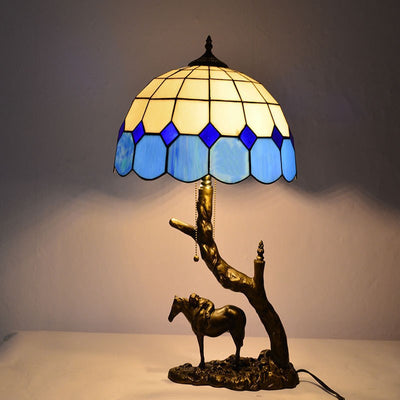 Traditional Tiffany Resin Glass Dome Conic Hemispheric Branch Horse Base 2-Light Table Lamp For Study