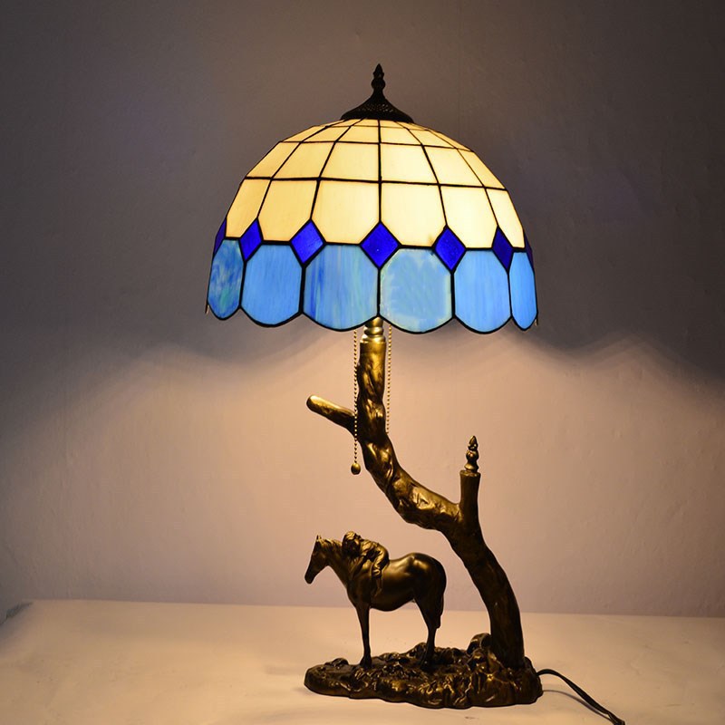 Traditional Tiffany Resin Glass Dome Conic Hemispheric Branch Horse Base 2-Light Table Lamp For Study