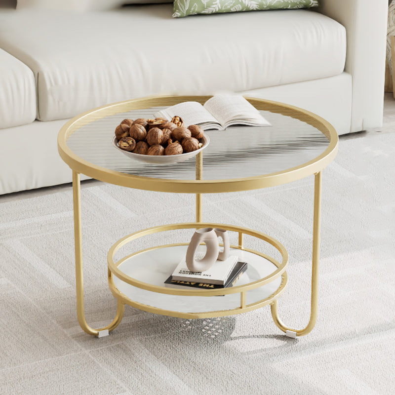 Modern Simplicity Round Striped Glass Slab Metal Coffee Table 2-Tier For Living Room