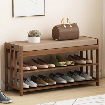 Modern Minimalist Rectangle Fabric Bamboo Rattan Shoe Storage 2-Shelf For Entryways