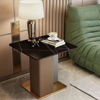 Contemporary Scandinavian Square Column Slate Leather Wood Carbon Steel End Table For Living Room