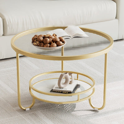 Modern Simplicity Round Striped Glass Slab Metal Coffee Table 2-Tier For Living Room