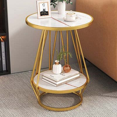 Contemporary Luxury Round Marble Texture Metal Frame Side Table 2-Tier Storage Shelves For Living Room