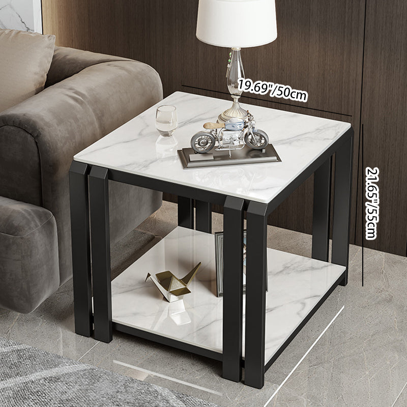 Contemporary Luxury Square Rock Slab Metal Side Table 2-Tier For Living Room