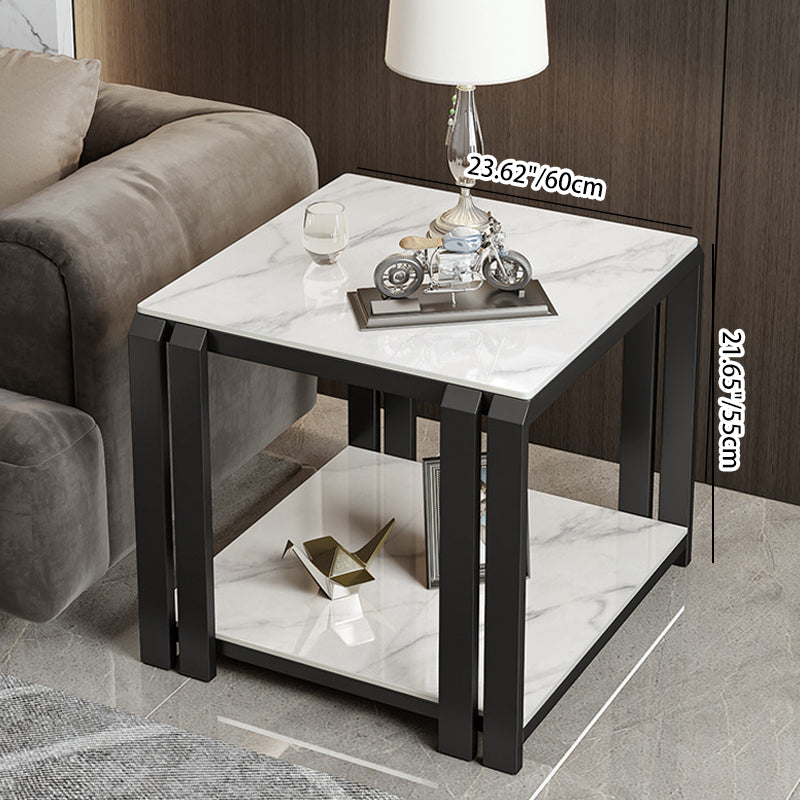 Contemporary Luxury Square Rock Slab Metal Side Table 2-Tier For Living Room