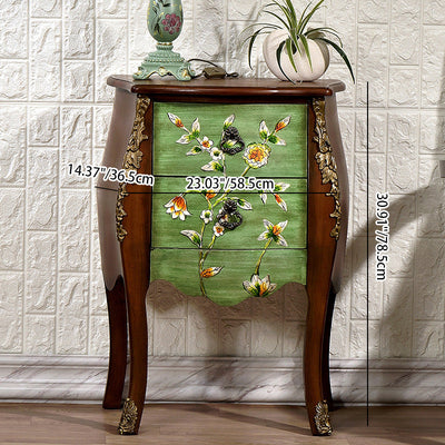 Traditional European Square Round Flower Painted Birch Rubber Wood MDF Metal Side Table 2-Drawer For Living Room