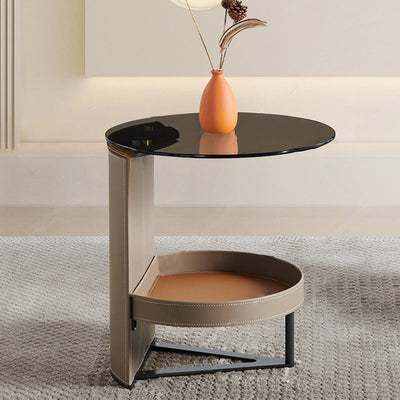 Modern Minimalist Round Rectangle Triangle Base Glass Leather Metal End Table 1-Storage For Living Room