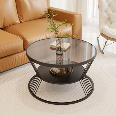 Modern Luxury Round Tempered Glass Iron End Table 2-Tier For Living Room