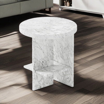 Contemporary Nordic Round Crossed Base Travertine Chrysoprase Side Table 2-Shelf For Bedside