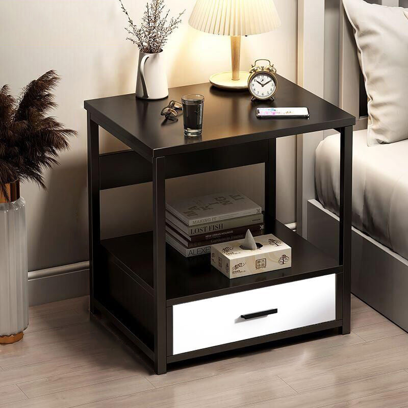 Contemporary Scandinavian Rectangular Cutout Wood Nightstand 1/2 Drawer For Bedroom