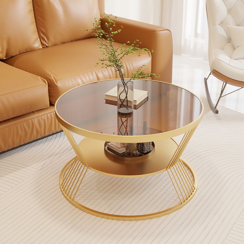 Modern Luxury Round Tempered Glass Iron End Table 2-Tier For Living Room