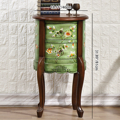 Traditional European Square Round Flower Painted Birch Rubber Wood MDF Metal Side Table 2-Drawer For Living Room