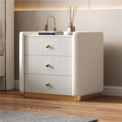 Modern Minimalist Rectangular Round Corner Wood Rock Slab Leather Metal Nightstand 3-Drawer For Bedroom