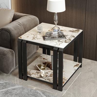 Contemporary Luxury Square Rock Slab Metal Side Table 2-Tier For Living Room