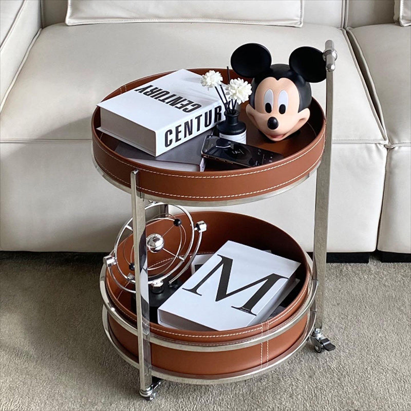 Modern Luxury Round Leather Stainless Steel End Table 2-Tier For Living Room