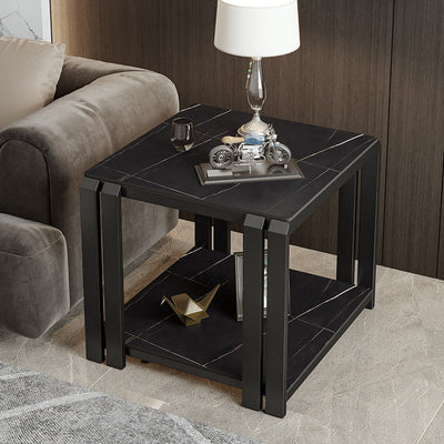 Contemporary Luxury Square Rock Slab Metal Side Table 2-Tier For Living Room