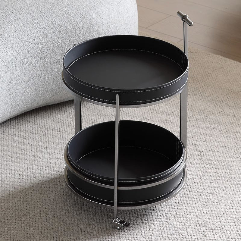 Modern Luxury Round Leather Stainless Steel End Table 2-Tier For Living Room