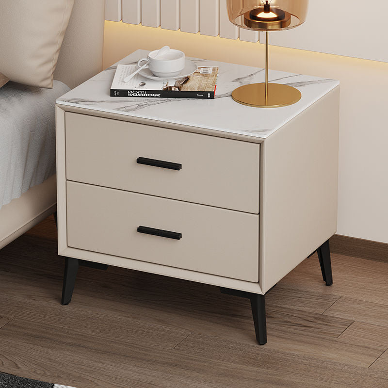 Modern Luxury Square Microfiber Leather Stone Veneer Solid Wood Panel Nightstand 2-Drawer For Bedroom