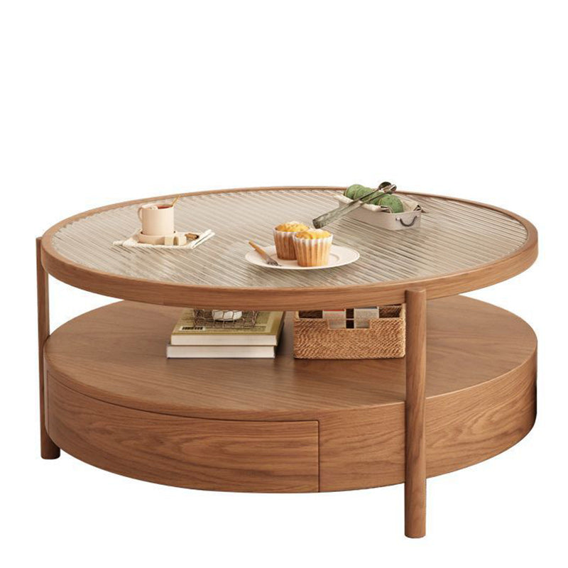 Contemporary Japanese Square Round Glass Wood End Table 2-Tier For Living Room