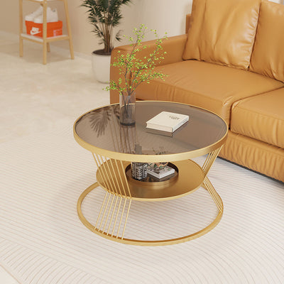 Modern Luxury Round Tempered Glass Iron End Table 2-Tier For Living Room